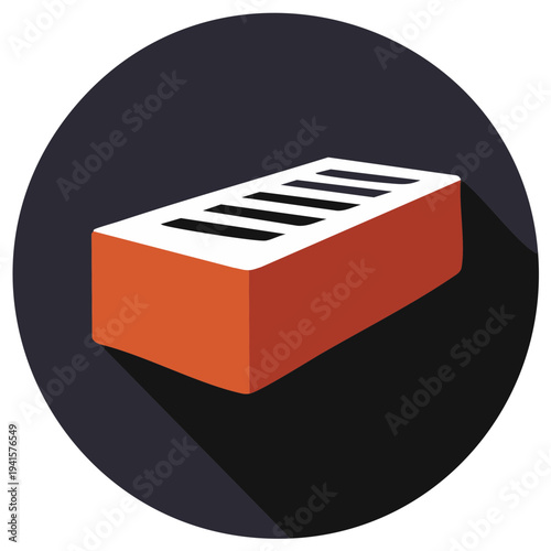 Isolated orange-red brick with three holes in a white top on a dark round backdrop showing texture and sharp shadows