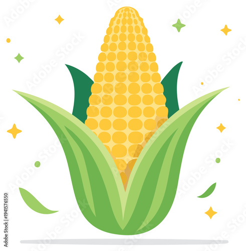 Stylized Corn on the Cob Illustration with Green Husks and Geometric Shapes