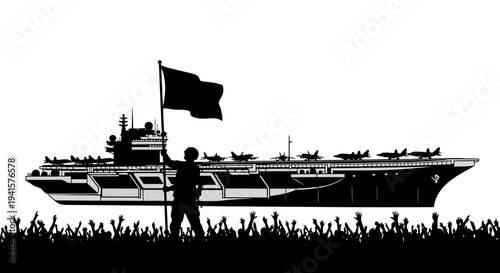 Soldier with Flag on Aircraft Carrier Deck, Crowds Cheer Below