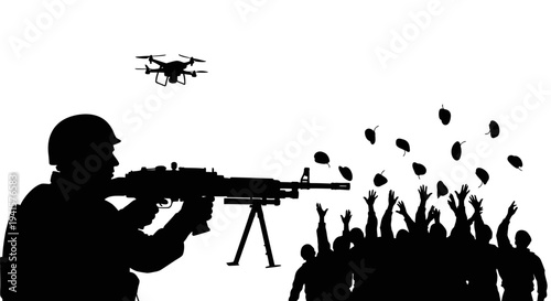 Soldier with machine gun and drone surveilling crowd throwing objects
