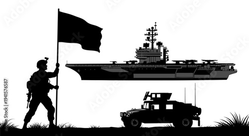 Soldier with Flag, Aircraft Carrier, and Humvee Silhouette - Military Power and Patriotism