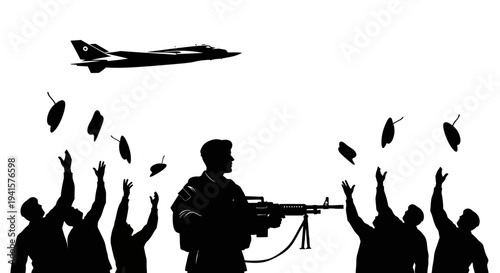 Soldier with Machine Gun and People Throwing Leaves Under Airplane
