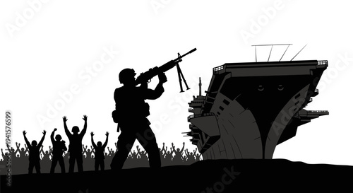 Soldier with Machine Gun Guards Aircraft Carrier, Surrenderers Behind