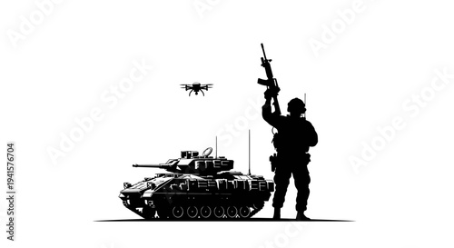 Soldier, Tank, and Drone Silhouette - Modern Warfare and Surveillance Concept