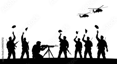 Soldiers celebrating victory with helicopters overhead, throwing hats in the air