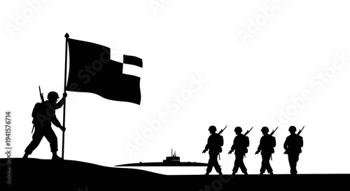 Soldiers Raising Flag on Hilltop with Submarine in Background