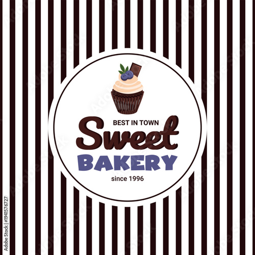 Vintage bakery logo with cupcake illustration and Sweet Bakery text in round badge. Retro brown and cream design on striped background, perfect for pastry shop branding, labels, packaging