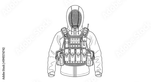 Tactical Vest with Hooded Jacket and Pouches - Military Gear Illustration