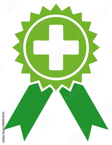 Green rosette badge with cross, symbol of medical quality, warranty, or achievement, isolated