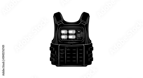 Tactical Vest with Pouches and Magazine Inserts, Black, Vector Illustration
