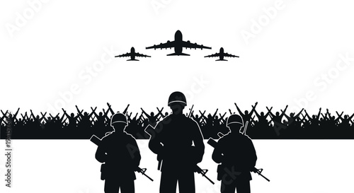 Soldiers Stand Guard as Airplanes Fly Over Crowd, Symbolizing Military Power and National Pride