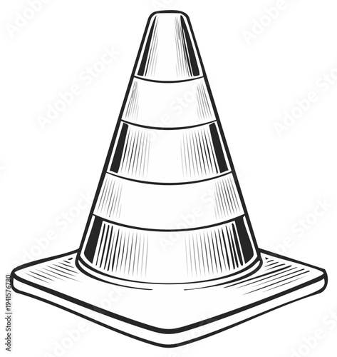 Monochrome Road Safety Cone Illustration with Horizontal Striped Patterning in Vector Style