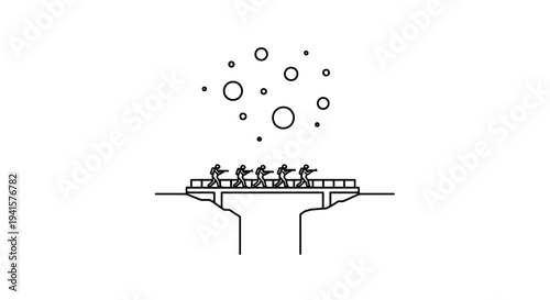 Teamwork Crossing Bridge Over Chasm with Bubbles Symbolizing Ideas