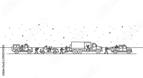 Teamwork: People towing vehicles in a line, rescue operation, snow background