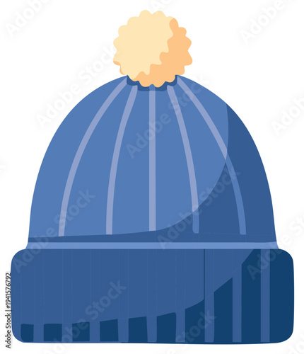 Blue winter beanie with pom pom, warm hat illustration