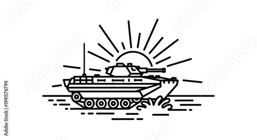Tank Silhouette at Sunset with Sunburst - Military Vehicle Line Art