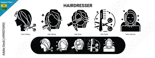 Hairdresser glyph Icons Set. including Hair Cutting, Hair Styling, Hair Dryer, Hair Tools and Salon Service.