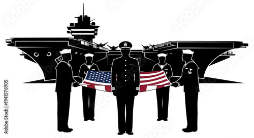 US Navy Honor Guard with American Flag and Aircraft Carrier Silhouette