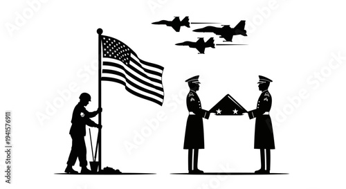 Us Soldiers Folding American Flag with Fighter Jets Flyover