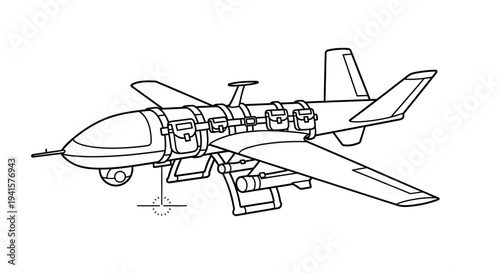 Unmanned Aerial Vehicle (UAV) drone with missiles and camera, technical drawing, military technology
