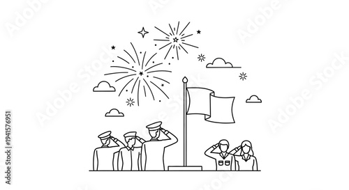 Veterans Saluting Flag with Fireworks, Patriotic Celebration, Military Service