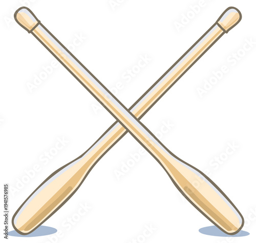 Simple cartoon vector illustration of two crossed wooden oars. A classic symbol for rowing, boating, and adventure.