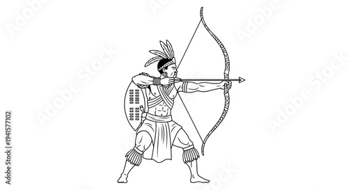 Warrior Archer Aiming Bow and Arrow, Tribal Warrior with Shield, Hunting, Traditional Weapon