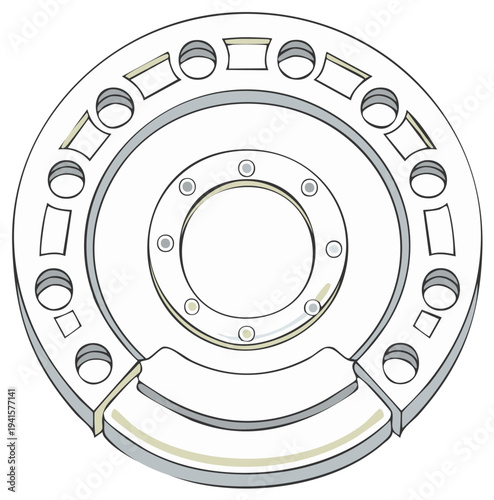 Technical illustration of a complex circular mechanical component with varied holes and precise structural elements