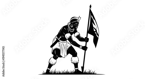 Warrior holding flag, tribal man with sword, ancient warrior, historical illustration, black and white