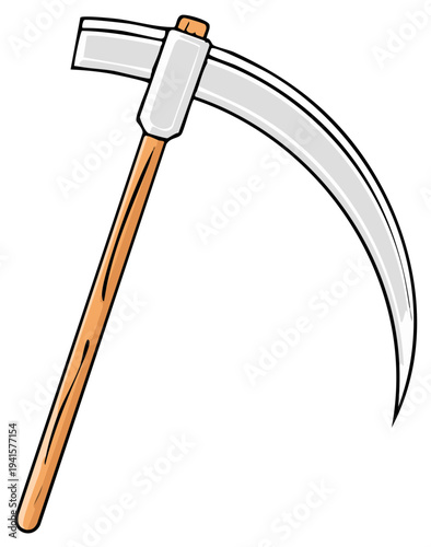 Cartoon scythe illustration with wooden handle and a sharp blade