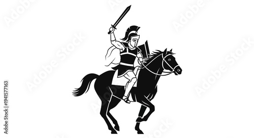 Warrior on Horseback with Sword and Shield, Ancient Greek Spartan Warrior Illustration