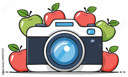 Cartoon camera illustration with red and green apples for food photography concept