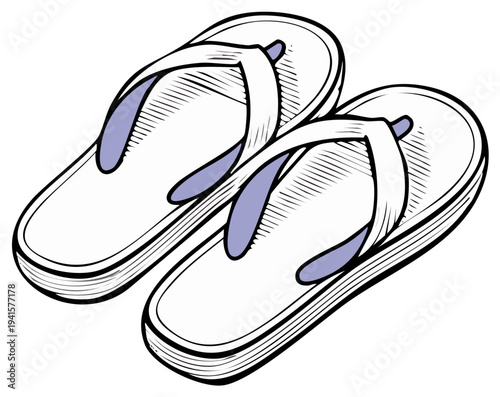 Pair of White Flip Flops Summer Footwear Casual Style Hand Drawn Look