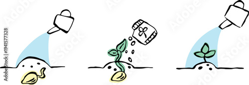 watering a buried sprouting seed with water from a watering can and adding fertilizer, bold grunge curved lines