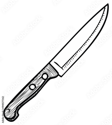 Black and white hand drawn illustration of a chef's knife.