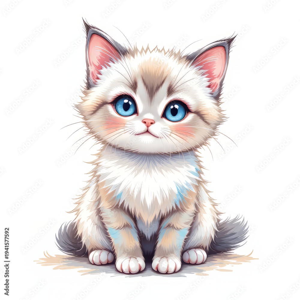 Fototapeta premium Pastel Kitten Clip Art: Blue-Eyed Ragdoll Baby with Brushstroke Effect, Isolated on White, Spring Theme, Soft Colors, Cute, Illustration