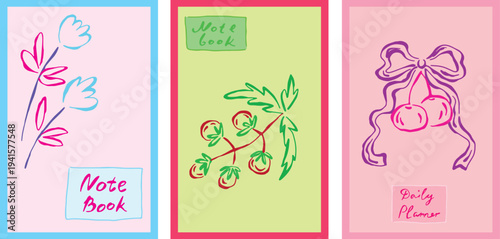 A vibrant set of simple, minimalist vector notebook illustrations in vibrant colors. Cover designs feature wavy lines, flowers, a tomato, and a cherry with a bow, bold grunge curved lines
