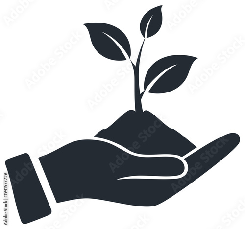 Hand holding soil with plant sprouting and growing for environmental conservation or ecological farming concepts