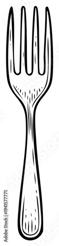 Hand-drawn line art of a classic four-tined dinner fork with a textured handle.
