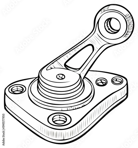 Engineering detail sketch of a mechanical device with mounting plate and rotating arm.