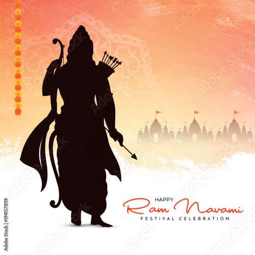 Ram Navami festival greeting with Lord Rama silhouette and sunset background