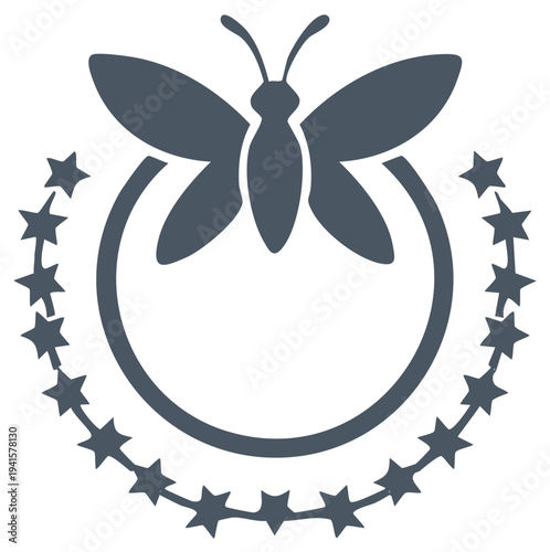 Butterfly icon within starry circle border, simplistic elegant design element for various applications