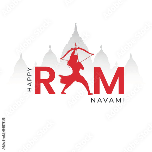 Creative Ram Navami typography design with Lord Rama archer silhouette illustration