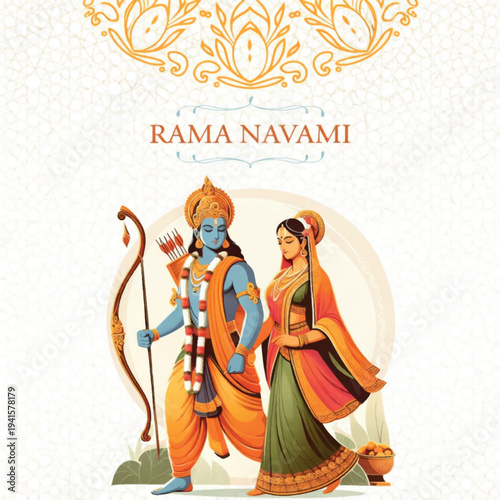 Lord Rama traditional vector portrait with temple background Hindu festival artwork