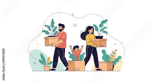 Family moving into a new home carrying cardboard boxes with plants and a happy child celebrating the new beginning.