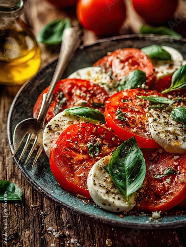 Italian Caprese salad with sliced tomatoes, mozzarella, and basil
