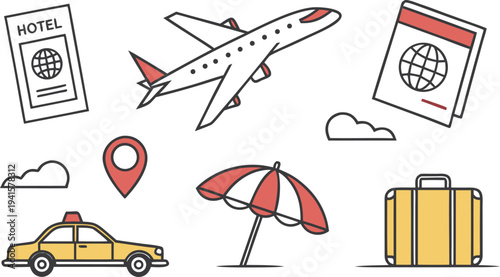 Illustrated travel icons depict elements such as airplanes passports and beach accessories high quality professional detailed