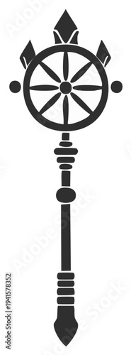 Stylized spiritual staff featuring dharma wheel and trident elements representing ancient wisdom