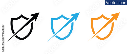 Modern shield with arrow icons in black, blue, and orange for business security and growth concepts
