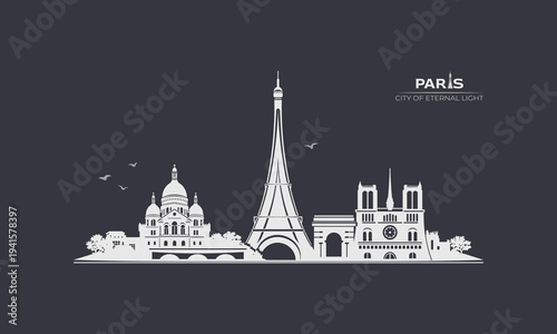 Minimal Paris night skyline vector with iconic monuments